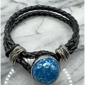 Blue Ginger Snaps Snap Bracelet Black Braided Leather Double Wrap Interchangeabl
